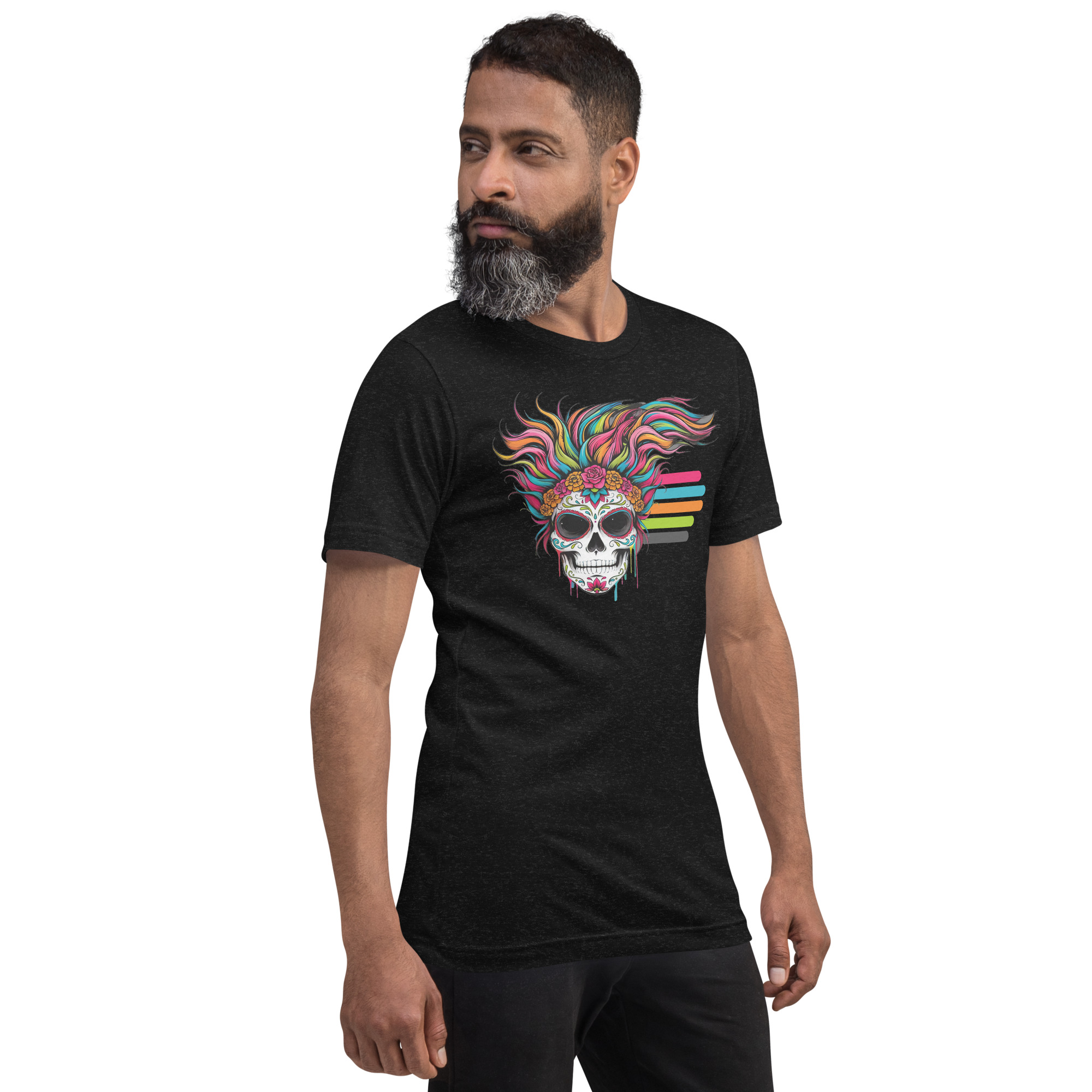 Sugar High unisex T-shirt modeled in Black Heather
